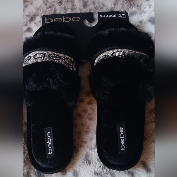 Bebe Black With Silver Rhinestone Logo Faux Fur Slippers Women's Size XL 10-11 - Picture 3 of 4